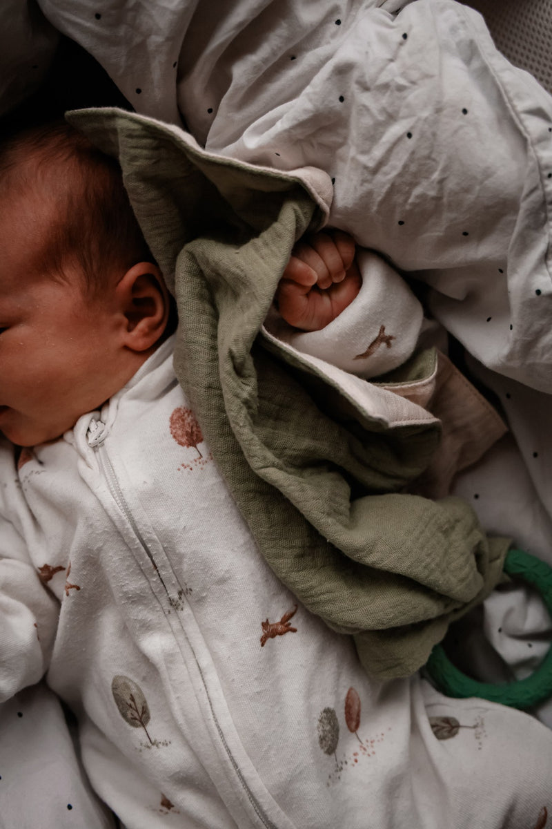 Muslin comforter with green leaf ring